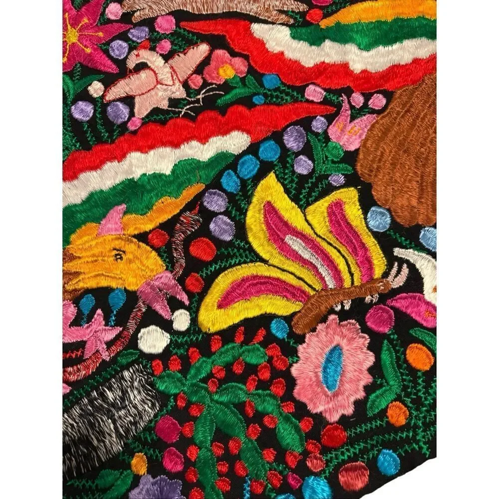Rare Mexican Traditional Colorful Embroidered Yarn Table Runner 24” x 70”